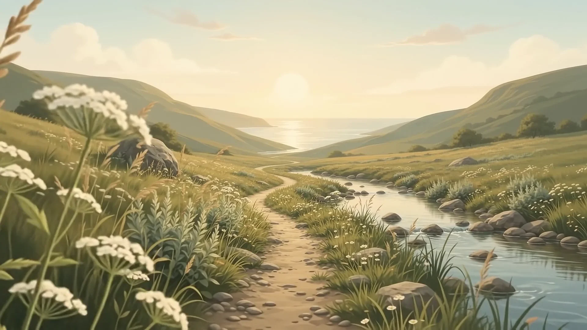 A winding path beside a stream, leading through sage-green hills toward the sea.